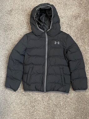 Under Armour Black Hooded Puffer Coat with Gray Trim